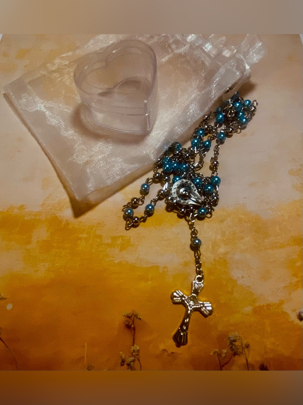 Rosary blue and silver heart case and mini bag Customizable